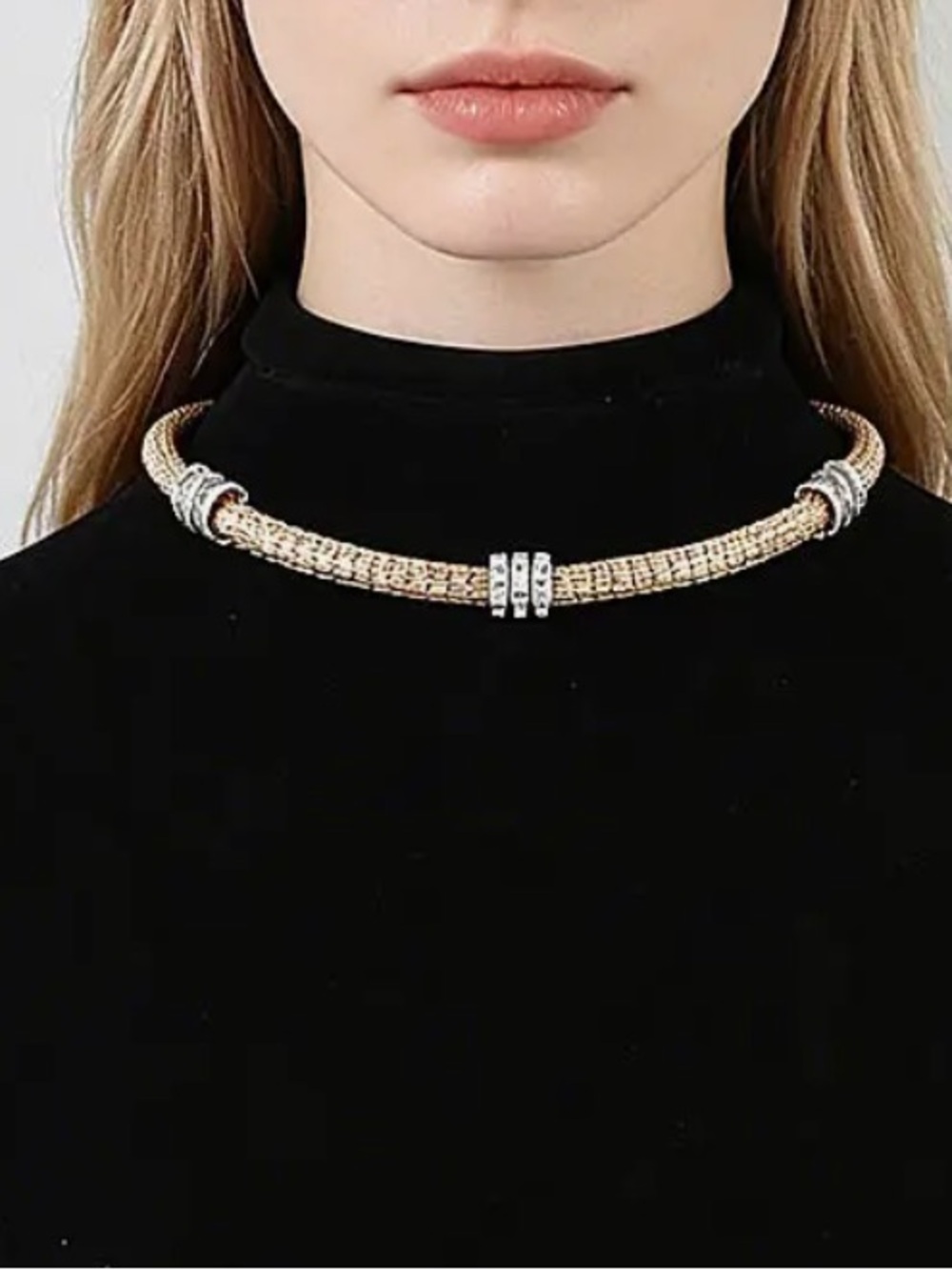 ShopEvelynne Silver or Gold Mesh Collar Necklace with Rose Gold Rings